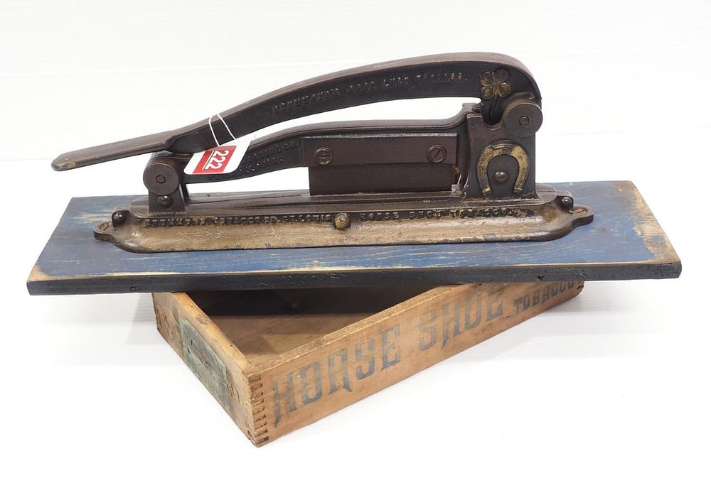 Lot 222: Tobacco cutter with wooden tobacco box