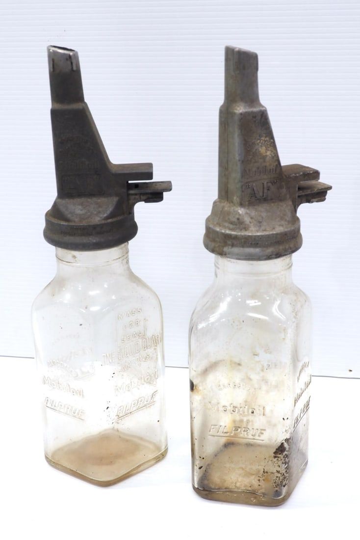 Lot 318: (2) Mobiloil Filpruf glass oil bottles