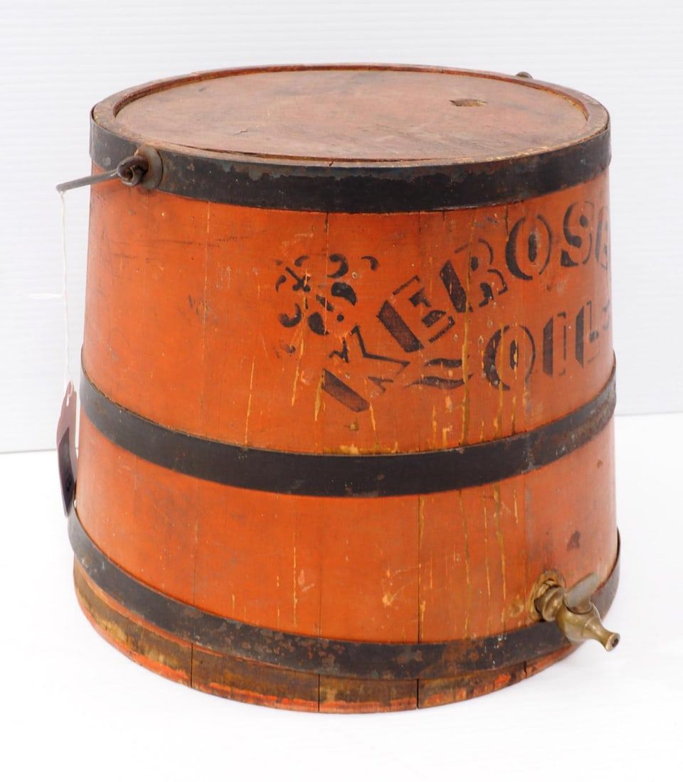 Lot 698: Wooden kerosene oil dispenser bucket