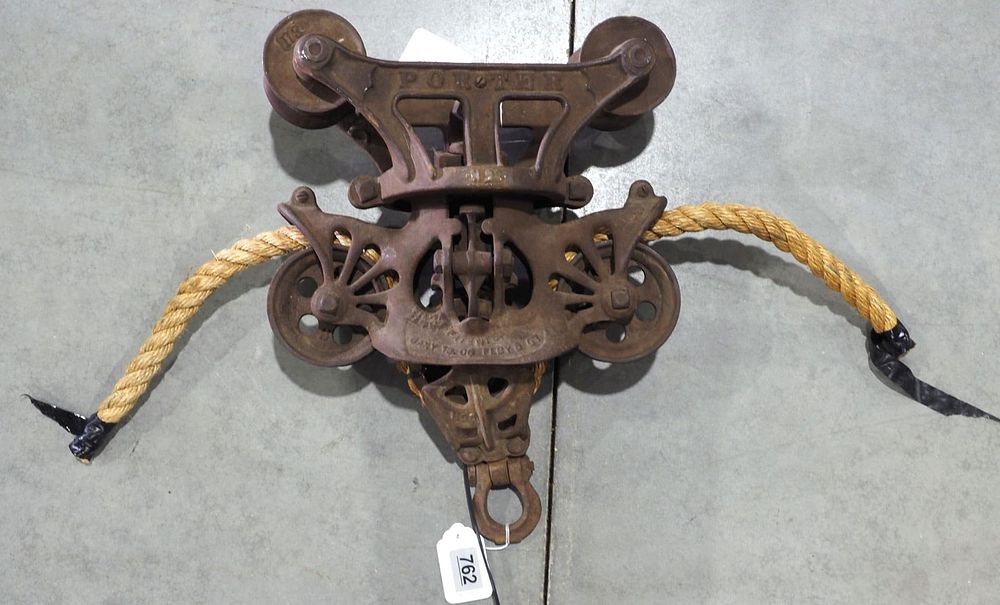 Lot 762: Porter steel track hay carrier with pulley