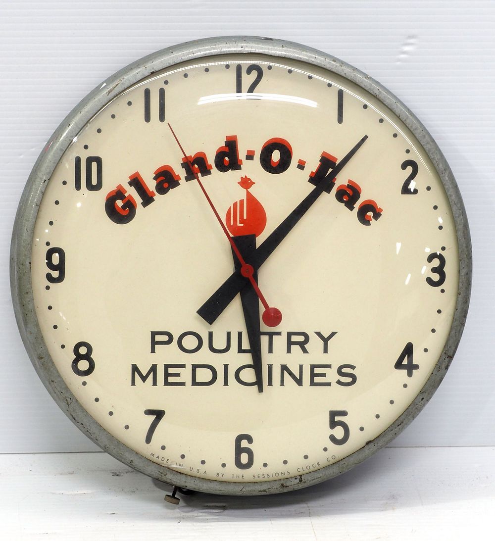Lot 1037: Gland-O-Lac Poultry Medicines clock