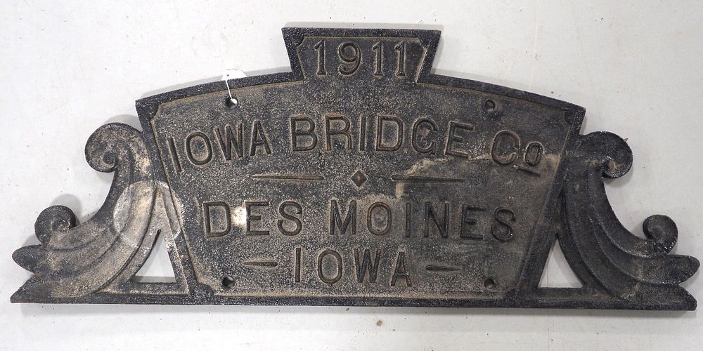 Lot 1486: Cast iron 1911 Iowa Bridge Co. builders plate