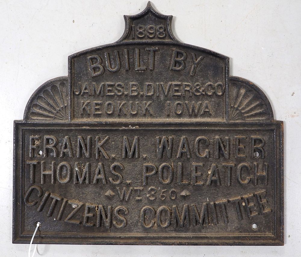 Lot 1488: Cast iron James B Diver & Co. builders plate