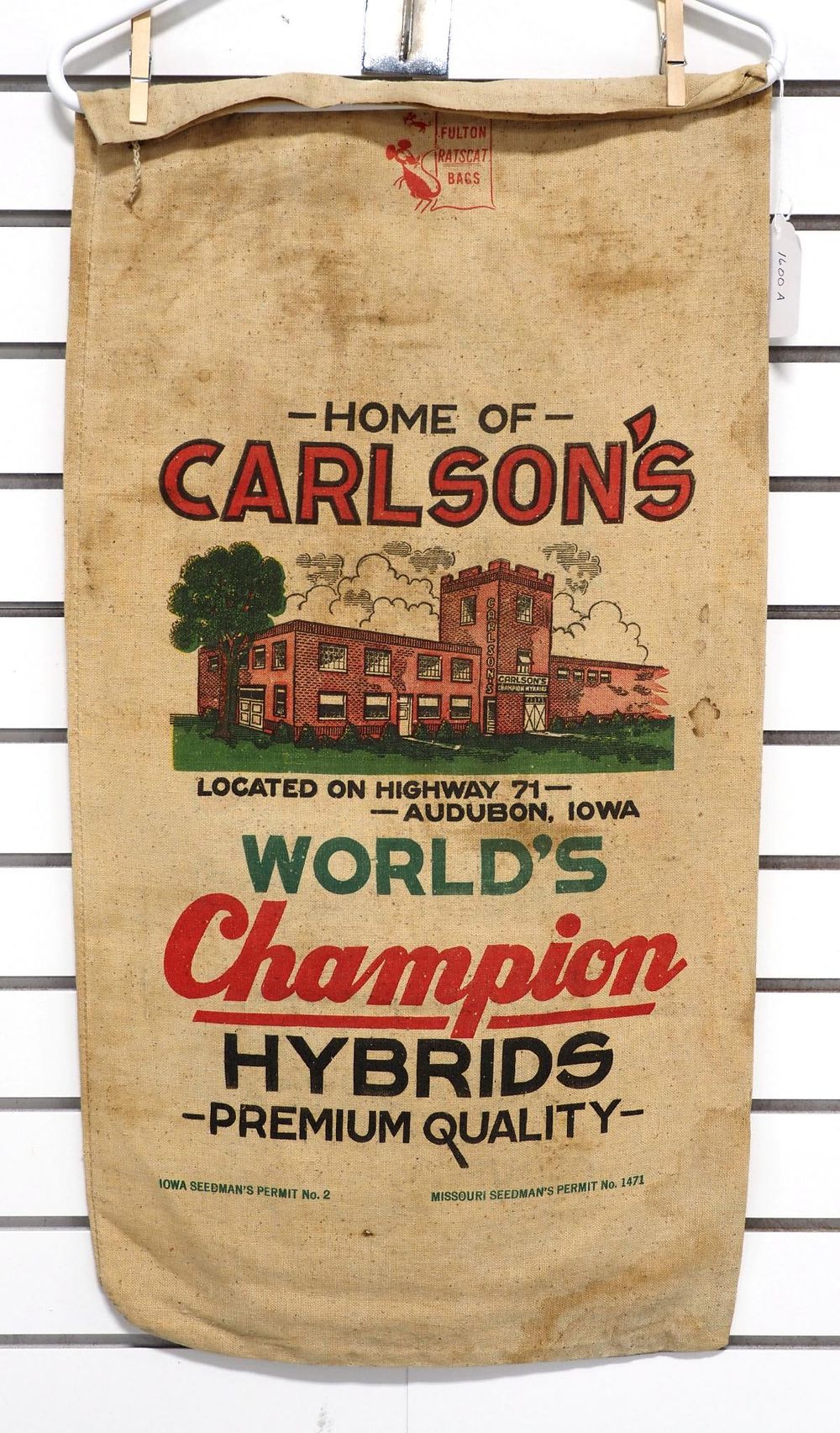 Lot 1600A: Cloth seed corn bag - Carlson's Champion