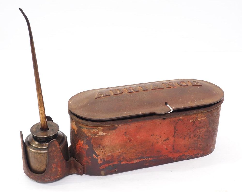 Lot 1779: Adriance cast iron tool box with oil can holder