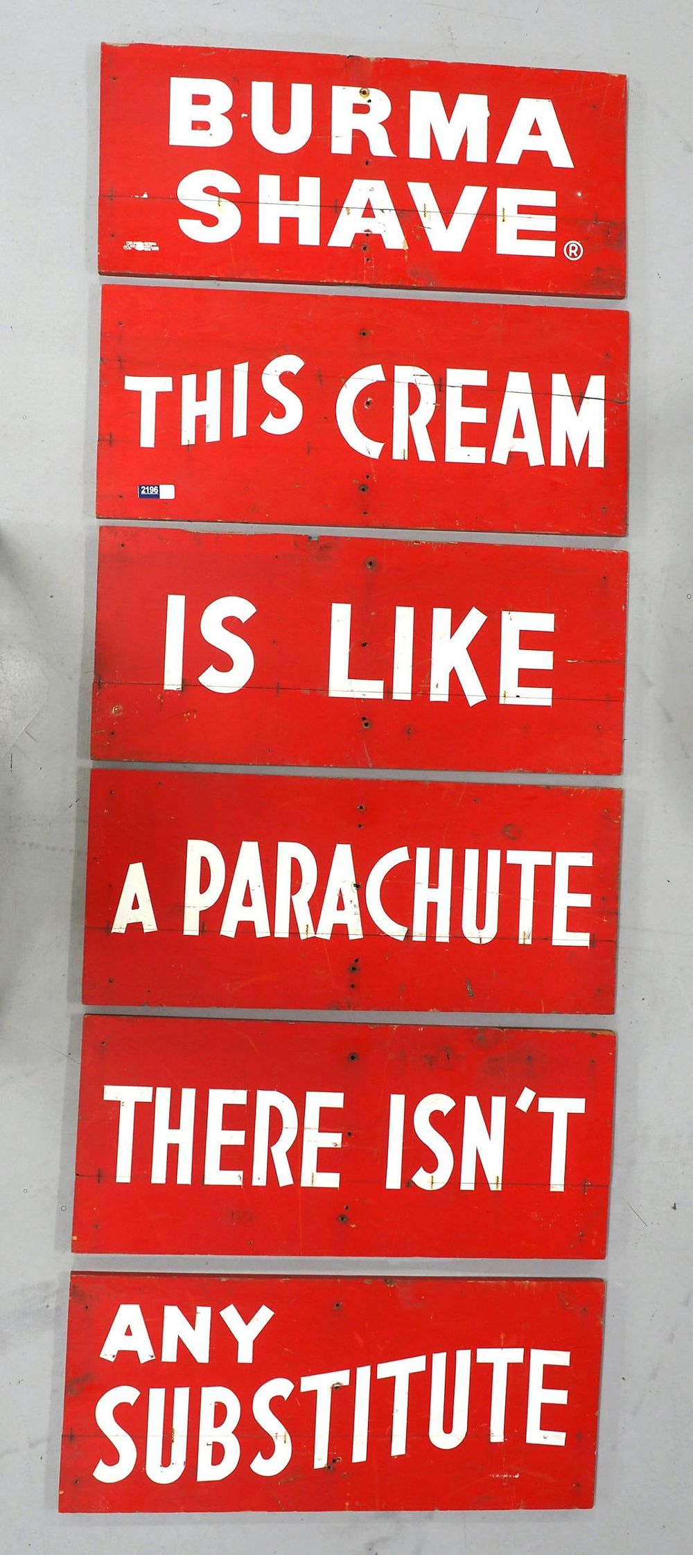 Lot 2196: 6-pc wooden Burma Shave road sign