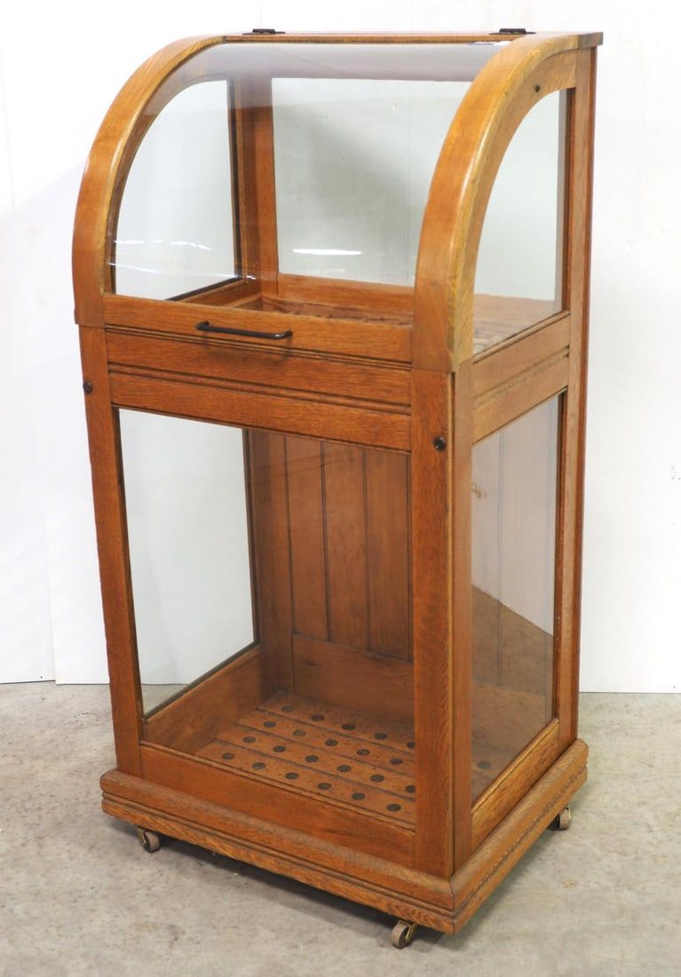 Lot 2279: Oak curved front cane cabinet