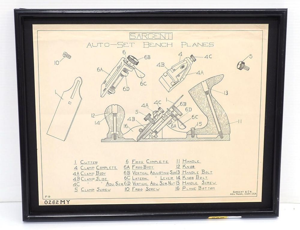 Lot 587: Sargent Auto-Set Bench Planes framed diagram