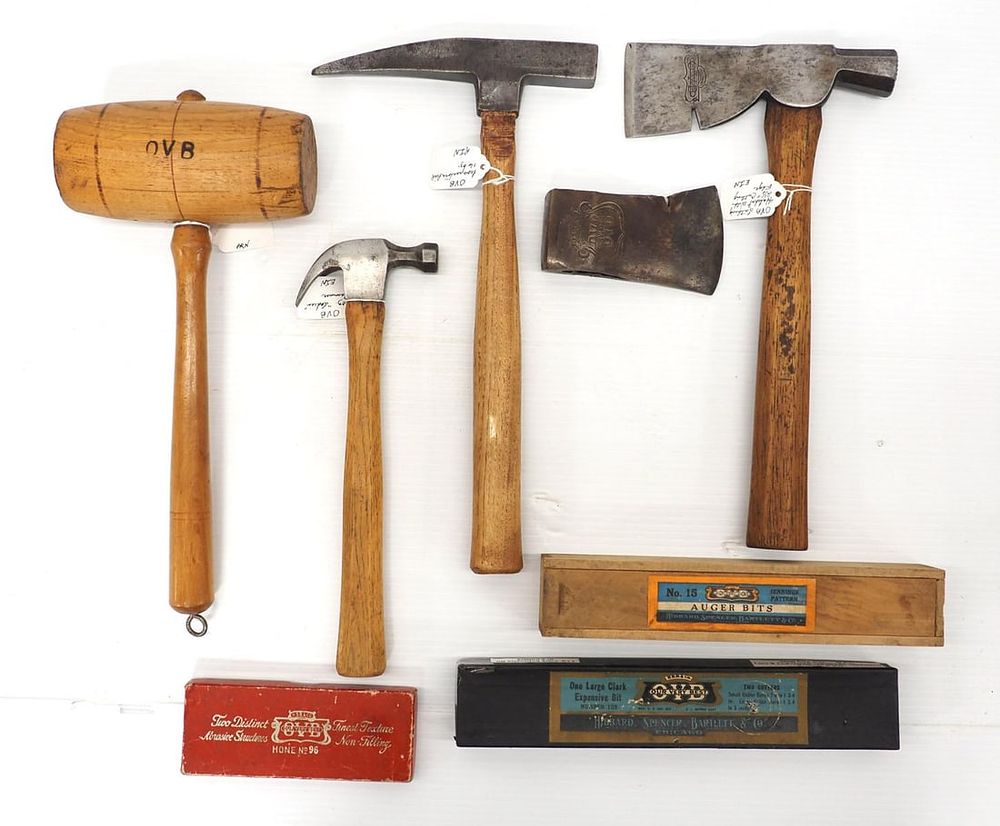 Lot 719: Box of hammers, bits, OVB axe head