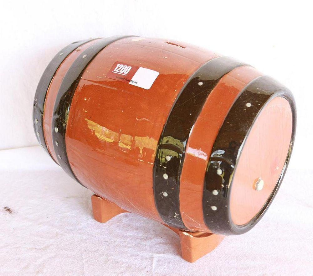 Lot 1260: Pottery 2pc. Keg Barrel Dispenser Figure