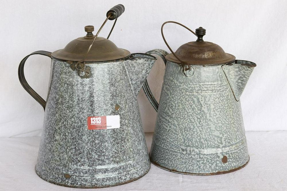 Lot 1313: (2) Enamel Lg. Tea Pots with Lids