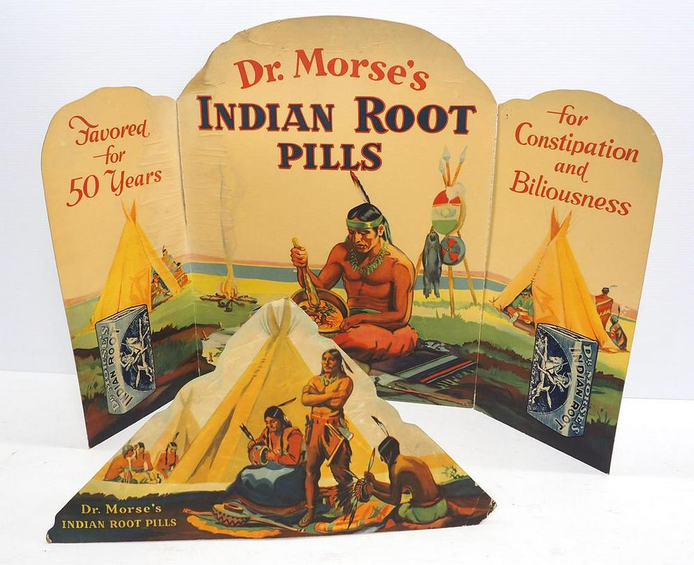 Lot 1429: Dr. Morse's Indian Root Pills stand-up store sign
