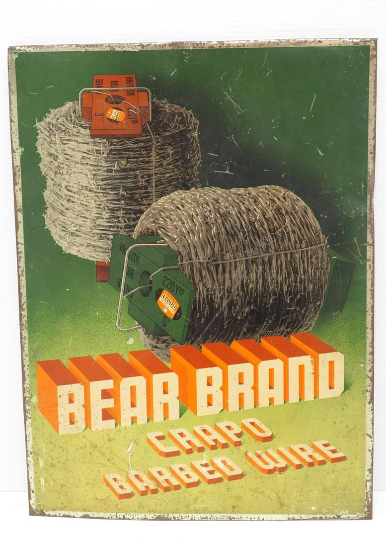 Lot 1435: Bear Brand Barb Wire stand-up sign
