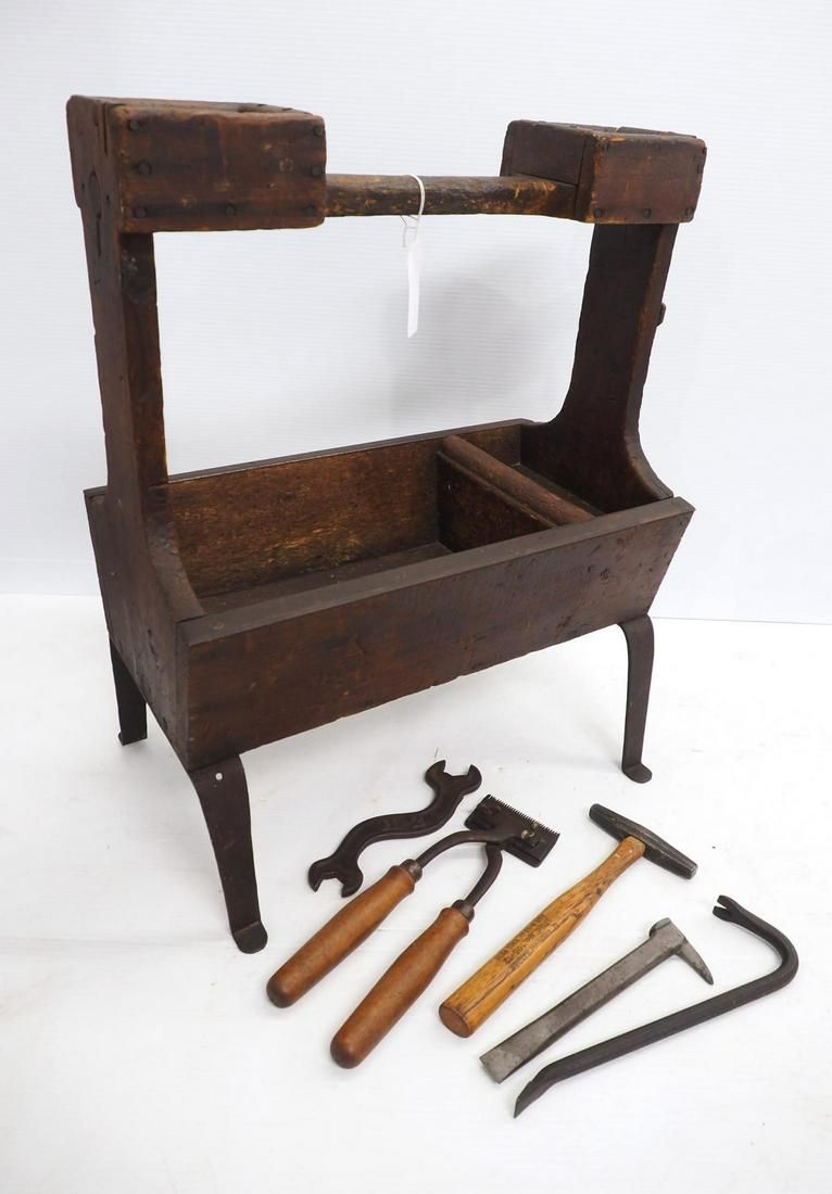 Lot 1452: Primitive ferrier's tool tote with some tools