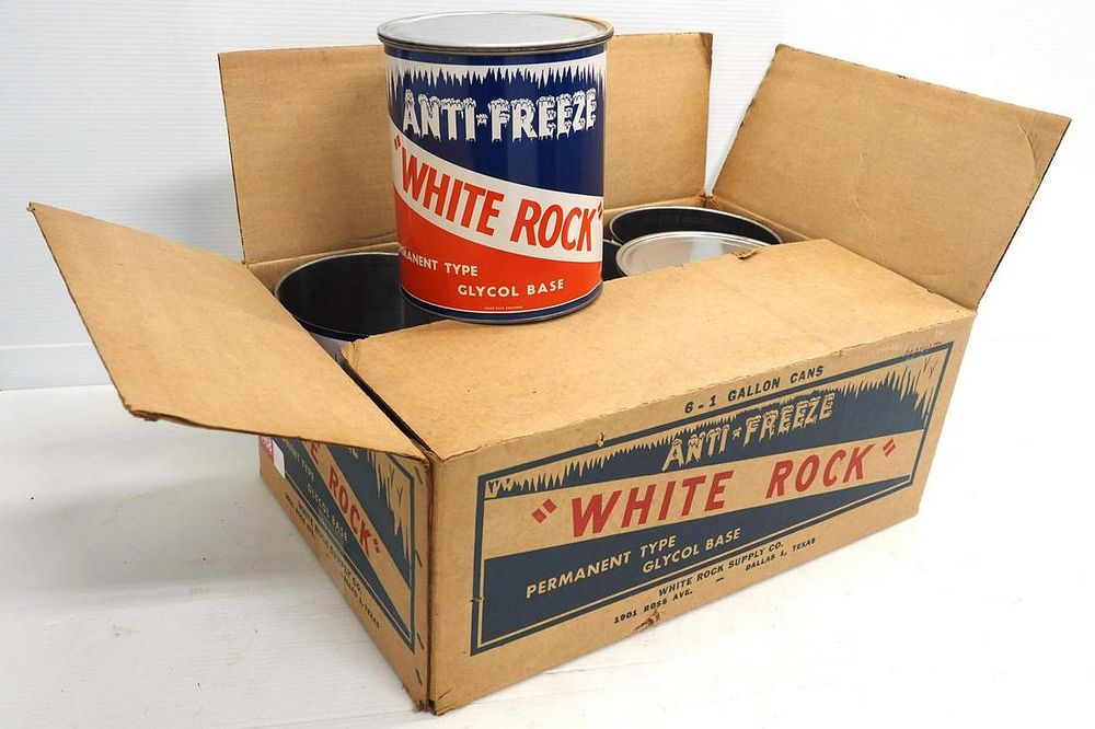 Lot 1458: (6) 1-Gallon "White Rock" Anti-Freeze tin cans