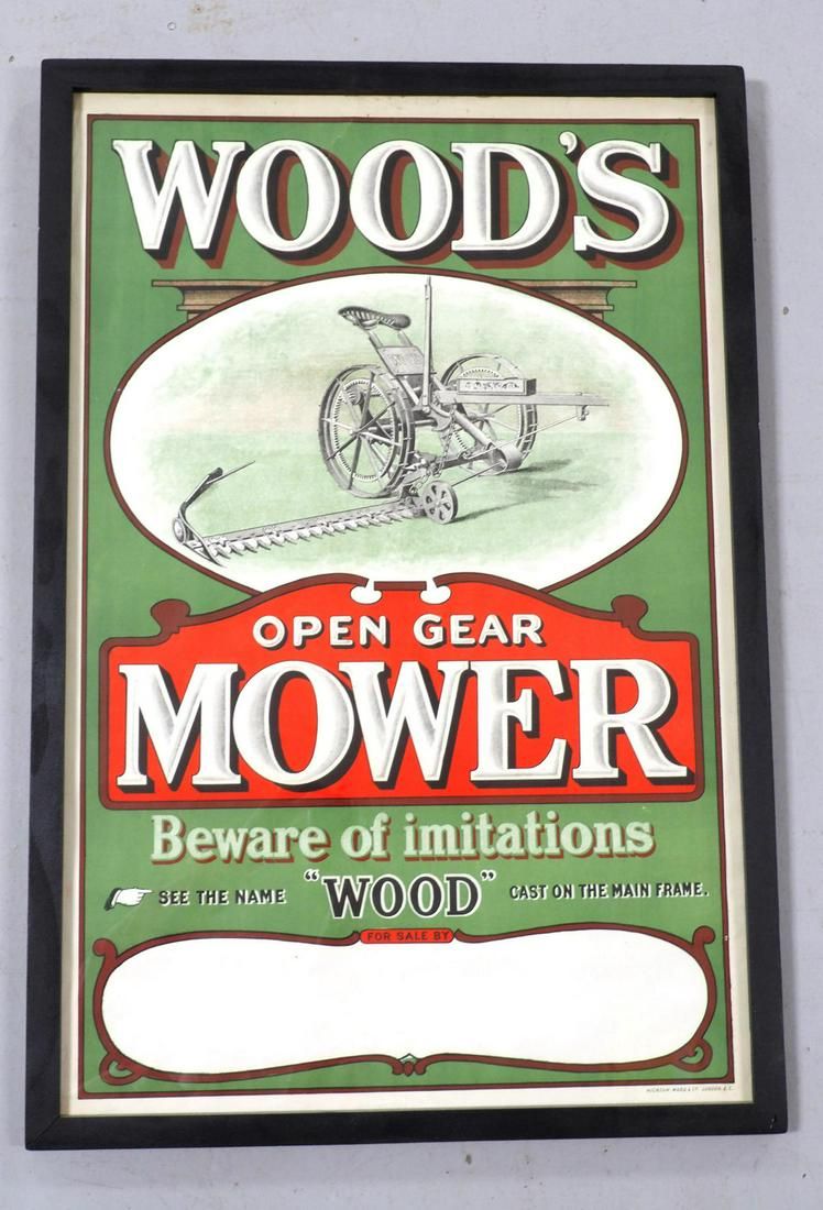 Lot 89: Framed paper Woods Open Gear Mower Dealer poster