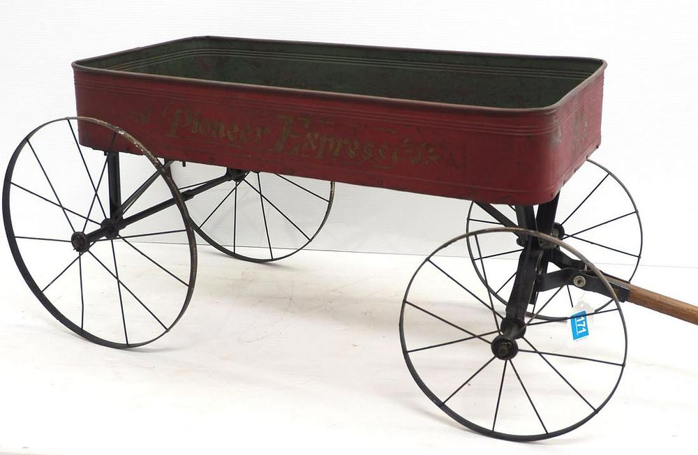 Lot 171: Pioneer Express metal & wood, pull type child's wagon, 34"L