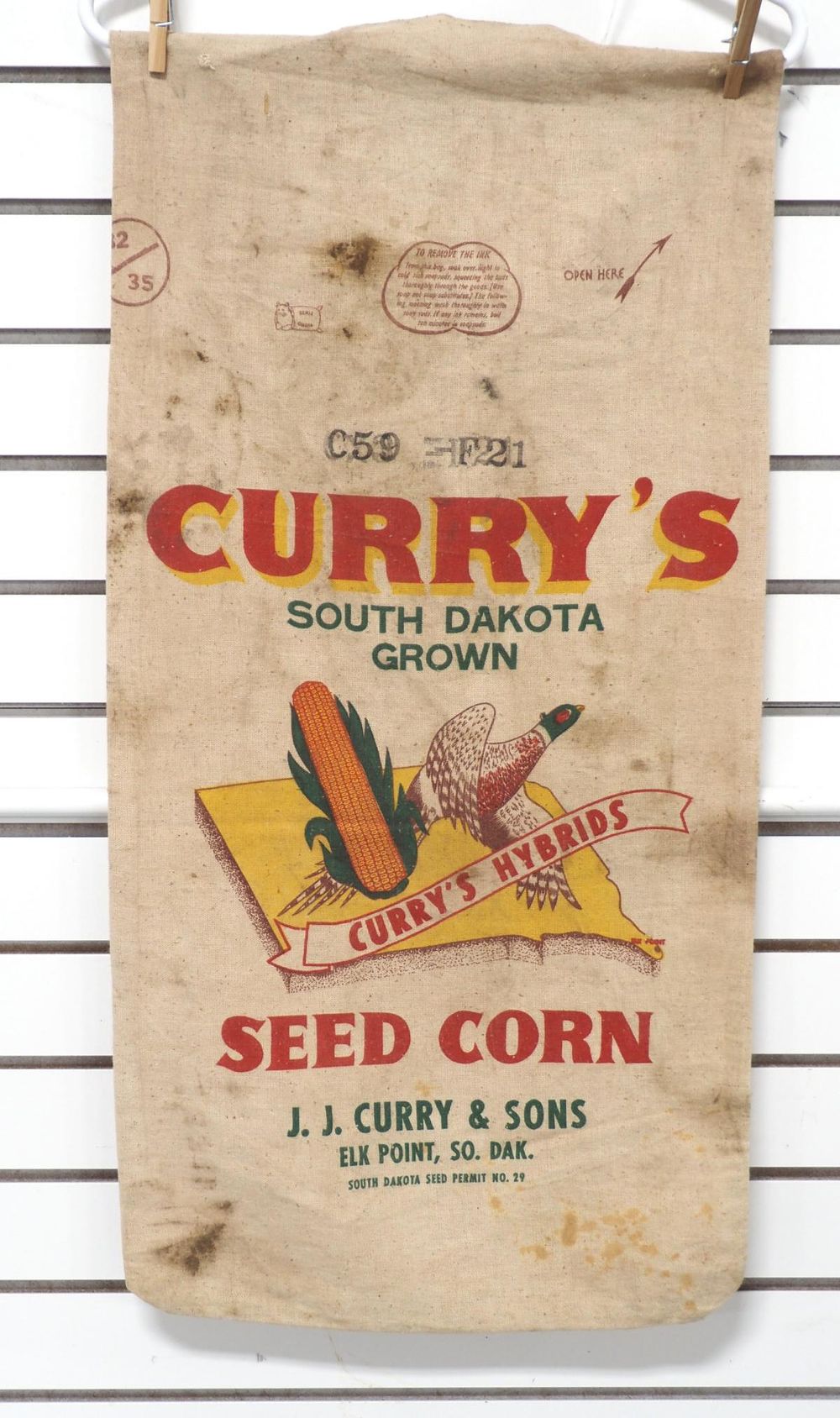 Lot 279: Curry's cloth seed corn bag
