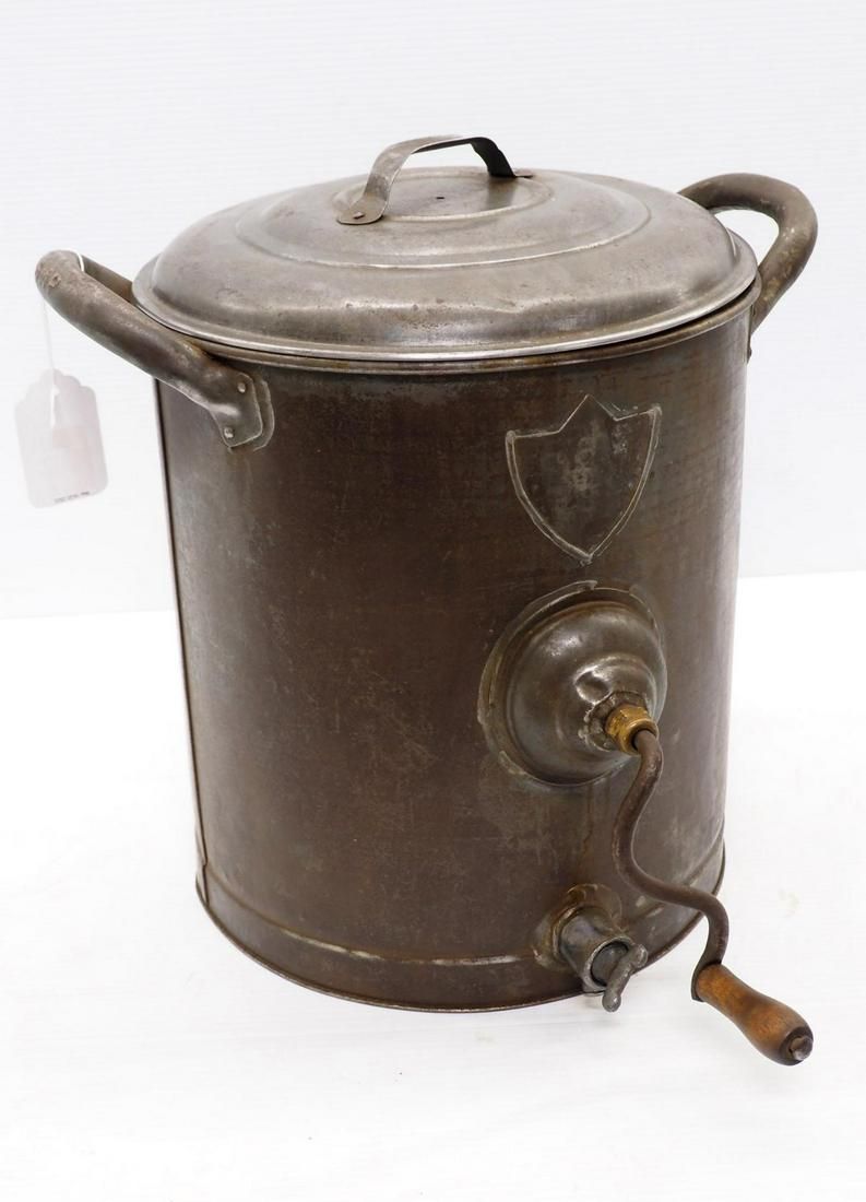 Lot 642: SMP, hand-crank galvanized butter churn
