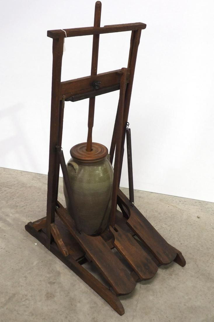 Lot 705: Primitive floor model, unusual butter churn