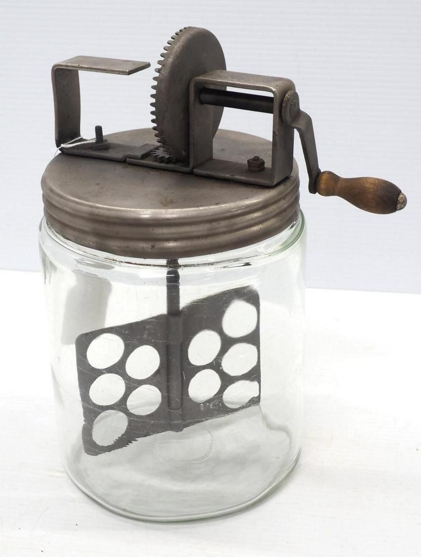 Lot 839: Hand-crank glass butter churn