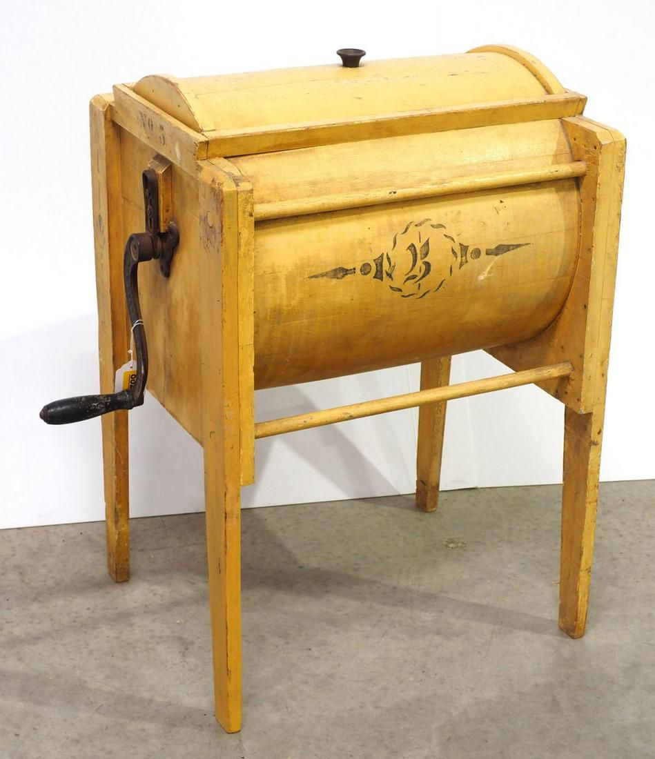 Lot 882: Blanchard floor model butter churn with early mustard paint, 33"H