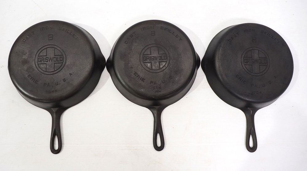 Lot 2586: (3) Griswold No.8 cast iron skillets