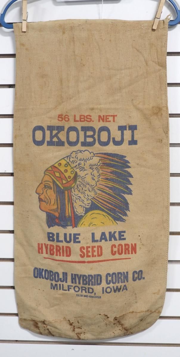 Lot 700I: Okoboji Blue Lake Hybrid Seed Corn cloth seed bag
