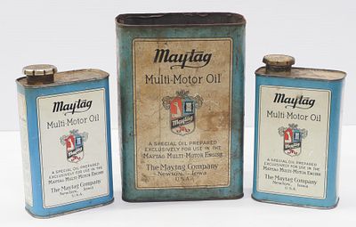 (3) Maytag oil cans: (2) 1-quart / (1) 1-gallon