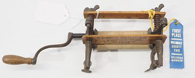 Horse Shoe Brand No.2 GEM miniature wringer with 1st place ribbon at Hillsdale, Michigan County Fair