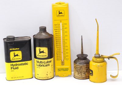 John Deere items: 3"x13" tin thermometer / 1-qt Hydrostatic Fluid tin / 1-qt Multi-Luber 