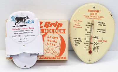 Egg Co. thermometer / Jersey Dairy towel holder. Montgomery Egg Co. tin thermometer, 4.5"x6"H / 