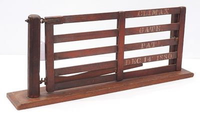 Store model Climax wooden gate, with stenciling for patent Dec.14, 1880, 28"L x 12"H