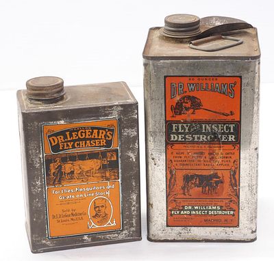 (2) Country store animal product tins: 1/4-gal Dr LeGear's Fly Chaser / 60-oz Dr Williams Fly & 