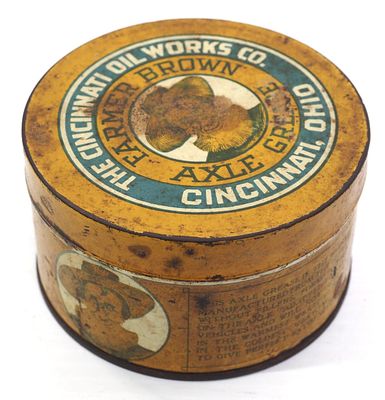 1-lb Farmer Brown Axle Grease tin for Cincinnati Oil Works Co., 4.25"dia.