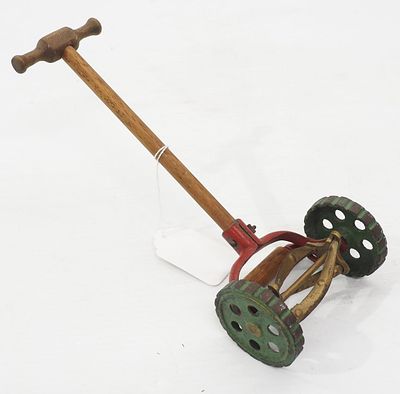 Arcade cast iron toy reel mower with wood handle, 12"L