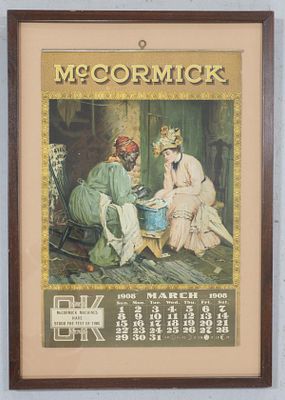 1908 McCormick Machines paper calendar starting in March, calendar measures 14"x20" - Very Good