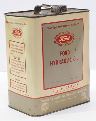 2-gallon Ford Hydraulic Oil tin with lid - Very Good, a couple dents