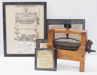 Patent model wringer with original tag for J.W. Hall, patent date July 25, 1876 plus tag on 