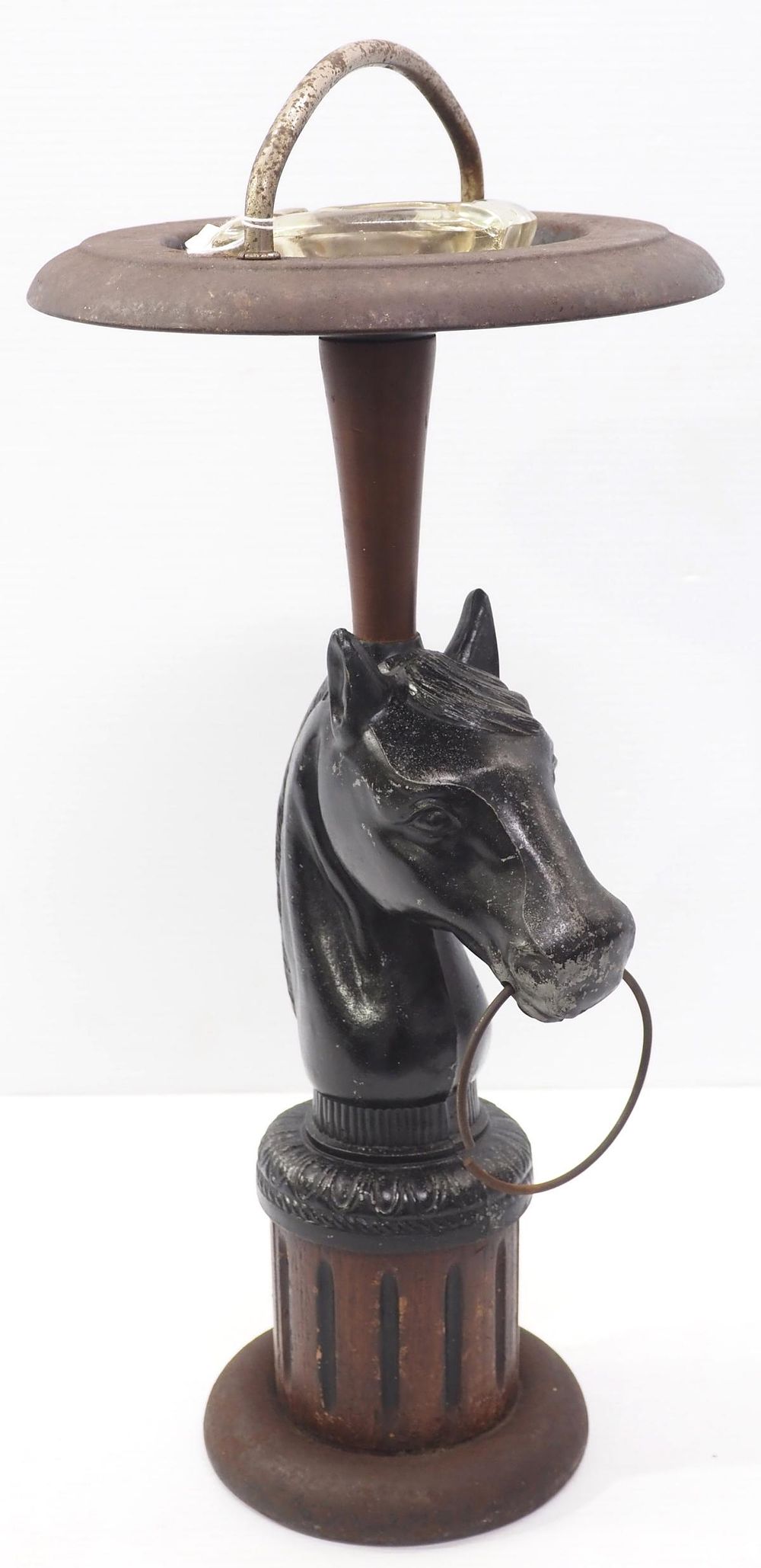 Lot 174: Tall metal ash tray with horse head hitching post