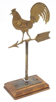Salesman sample brass weathervane on wood base, 8.25"H