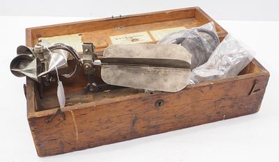 Water current meter in wooden box with original label for W & LE Gurley, box measures 19"x7"x6"H