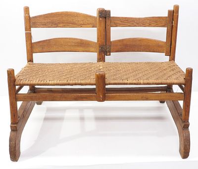 Unusual wooden wagon seat bench with woven seat and one hinged backrest, 36"x24"x27"H - Great * 