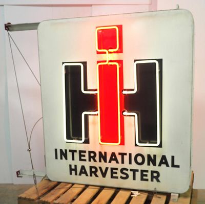 International Harvester 'IH' logo neon sign. 46"x52" 2-sided porcelain neon IH International 