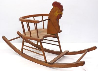Child's wooden rocker with chicken head decoration, 34.5"L x 20"H