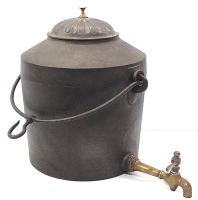 Heavy cast iron water cooler with decorative lid, handle for hanging and brass spigot, 15"dia x 