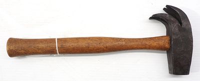Hand-forged double claw hammer with maker's mark stamped on side, head is 5.5"L