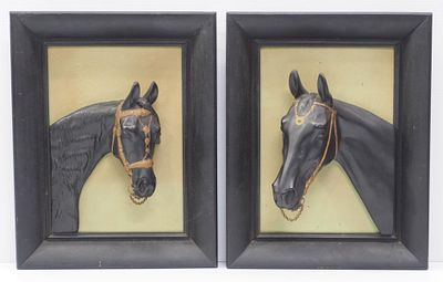 Pair of left and right facing horse heads in frames, each measures 13"W x 16.5"H - Very Good