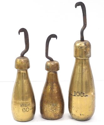 (3) Brass scale measures for wheat, corn & 100 lb. (3) Brass scale measures for 60 lbs wheat 