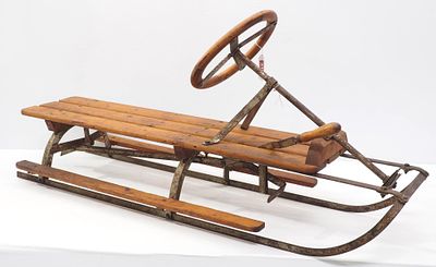 Fridtjof Nansen wooden sled with steering and brakes, 45"x15.5"x20"H - Good * * Not eligible 